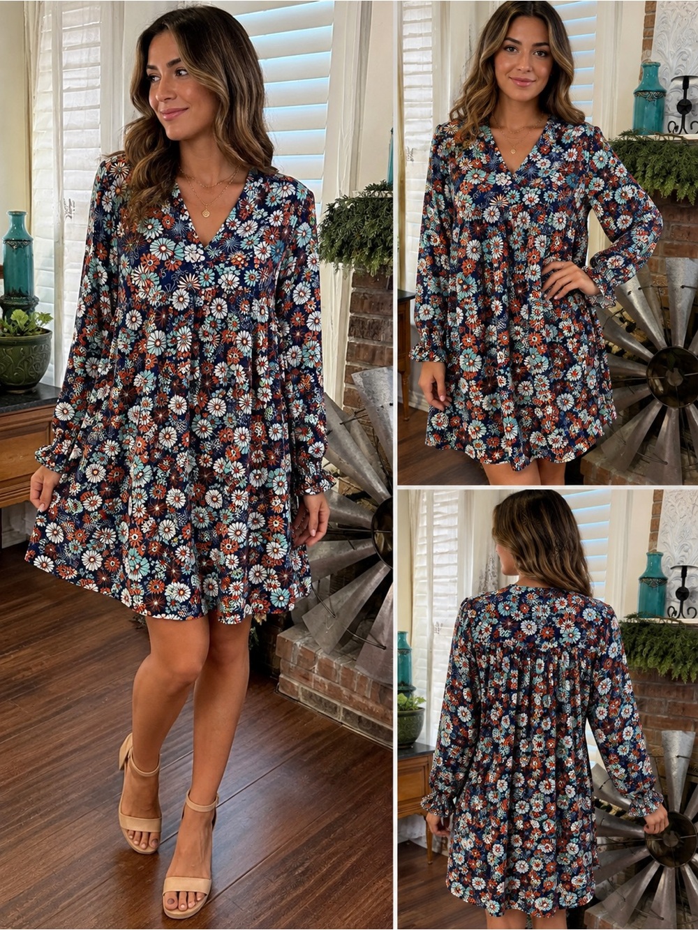 Women’s Size S Floral Dress Long Sleeve V Neck Navy Orange Teal Boho A Line